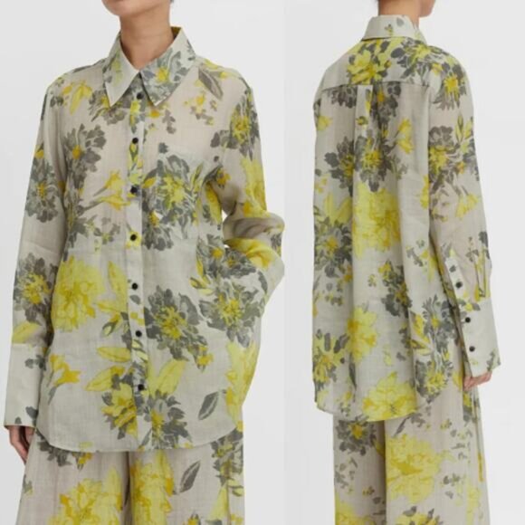 NEW Lee Mathews Lila Button Front Long Sleeve Floral Shirt Yellow Gray Size: 4 - Picture 1 of 7